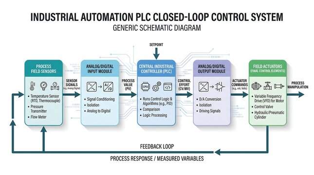 Industrial automation PLC closed loop control system block diagram with process field sensors and actuators.
