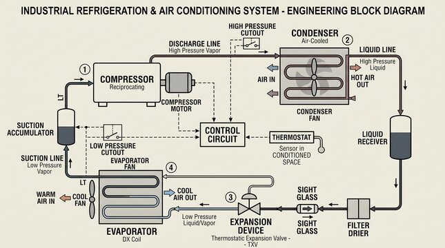 Industrial refrigeration and air conditioning system engineering block diagram showing hvac cycle path.