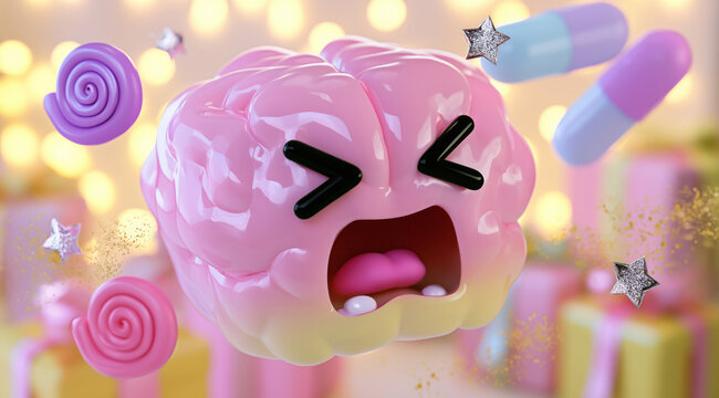 Un cerveau rose brillant au style dessin anim&eacute;, affichant un visage en pleurs, d&eacute;pressif avec des m&eacute;dicaments et des bonbons flottant dans l'air, arri&egrave;re-plan avec bo&icirc;tes cadeaux color&eacute;es.
