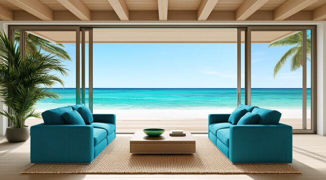 Une r&eacute;sidence de vacances avec un salon avec canap&eacute;s et table basse, offrant une vue magnifique sur la mer avec de larges baies vitr&eacute;es coulissantes donnant sur la plage.