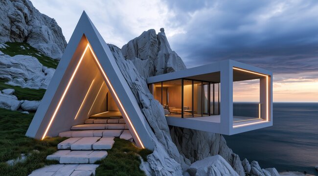 Maison moderne en b&eacute;ton de style brute, construite sur une falaise rocheuse abrupte surplombant l'oc&eacute;an au cr&eacute;puscule, maison moderne avec une g&eacute;om&eacute;trie en forme de triangle et de rectangle.