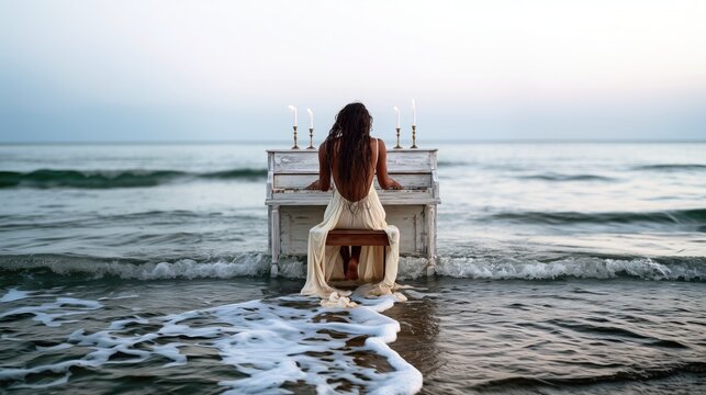 Une femme aux longs cheveux noires, mouill&eacute;s et ondul&eacute;s, assise sur un tabouret en bois et jouant du piano, sur la plage avec les vagues &agrave; ses pieds, sous un ciel gris et mer calme, vue de dos.