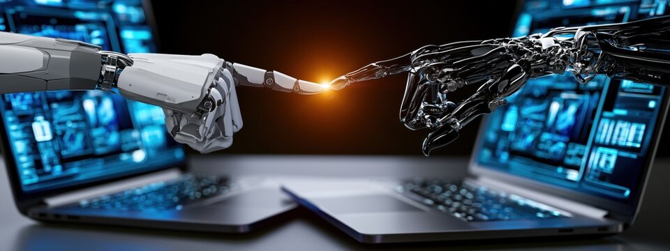 Des mains robotiques avec l'index pointant l'un vers l'autre, &eacute;mergeant d'ordinateurs portables face &agrave; face sur une table dans un bureau moderne sur fond sombre, vue panoramique.