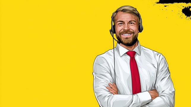 Un agent d'assistance t&eacute;l&eacute;phonique avec un sourire confiant, portant un casque audio avec microphone, les bras crois&eacute;s, sur fond jaune uni dans un style bande dessin&eacute;e, image avec espace pour texte.