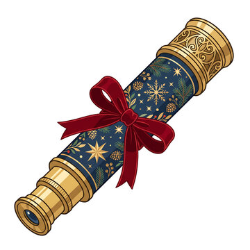 Vintage brass kaleidoscope with blue star-patterned tube tied with red ribbon gift bow