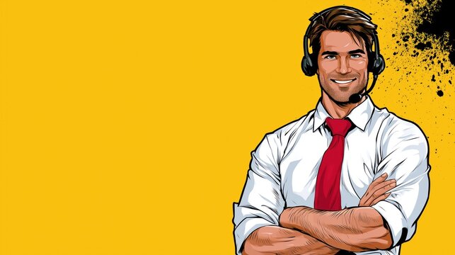 Un agent d'accueil t&eacute;l&eacute;phonique arborant un sourire confiant, portant un casque audio avec microphone, les bras crois&eacute;s, sur fond orange uni dans un style bande dessin&eacute;e, image avec espace pour texte.