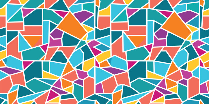 Geometric Mosaic Pattern: A vibrant and abstract geometric mosaic pattern, composed of tessellating colorful shapes in a dynamic and modern design, ideal for backgrounds and graphic elements.