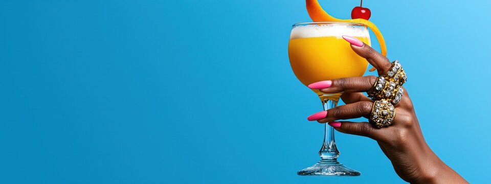 Une main aux longs ongles roses et bagues en or tenant un verre &agrave; cocktail sur un fond bleu uni, vue panoramique, image avec espace pour texte.