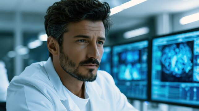 Un scientifique en blouse blanche, assis &agrave; son bureau, en arri&egrave;re-plan des &eacute;crans affichant des interfaces de diagnostic bleues pr&eacute;sentant des scanners c&eacute;r&eacute;braux et des donn&eacute;es m&eacute;dicales.