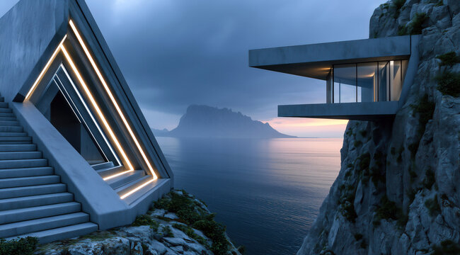 Rendu architectural moderne d'une maison futuriste &agrave; flanc de falaise au cr&eacute;puscule, design se distinguant par des angles vifs, du b&eacute;ton moul&eacute; et des bandes lumineuses LED int&eacute;gr&eacute;es.