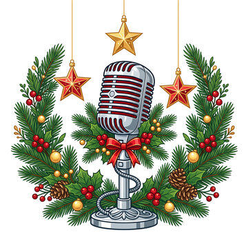 Vintage microphone with Christmas wreath and hanging stars isolated on white background
