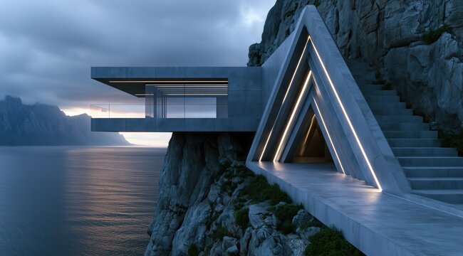 Une villa en b&eacute;ton de style brute, construite sur une falaise rocheuse abrupte surplombant une &eacute;tendue d'eau au cr&eacute;puscule, maison moderne avec une g&eacute;om&eacute;trie aux lignes nettes et anguleuses.