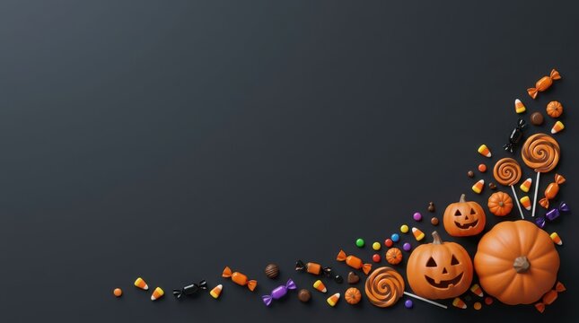 Halloween pumpkins with candy and lollipops on dark gradient background illustration