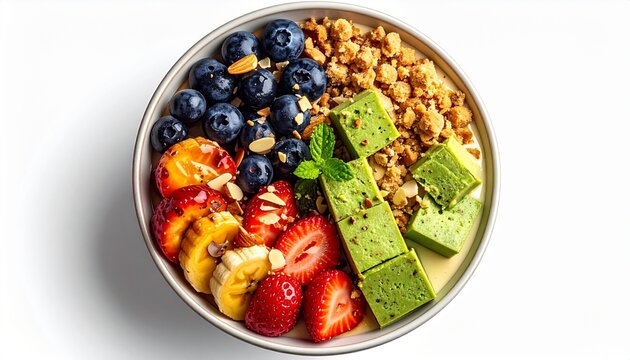 Realistic close-up top-view of a dessert poke bowl, brown sugar boba, matcha cheesecake cubes, caramelized banana, strawberries, blueberries, cookie crumble, vanilla pudding, almond flakes, isolated w