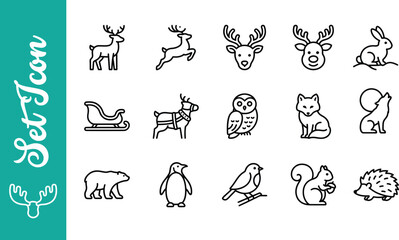 Fototapeta premium Set of hand drawn doodle forest animals and winter wildlife icons for design projects and decoration