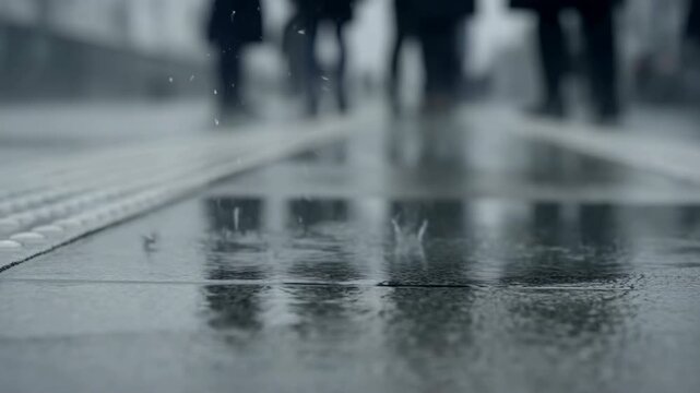 Raindrops splash into shallow puddles on dark tiled pavement while blurred pedestrians move in background, creating ripples and reflections across a low street-level view