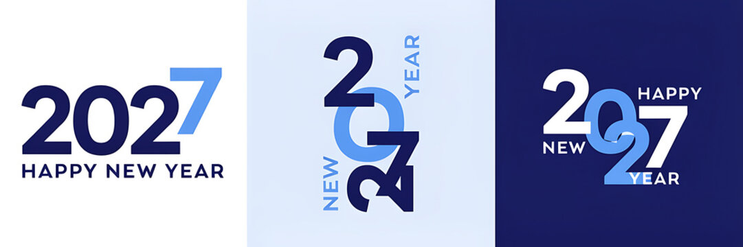 Set of three 2027 happy new year featuring blue and white typography in different layouts on light and dark blue background panels