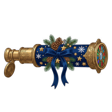 Vintage brass kaleidoscope decorated with Christmas ornaments and blue ribbon on white