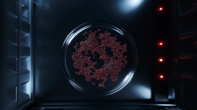 Red particles gradually spread and accumulate inside clear circular dish in dark metallic chamber, forming denser clustered patterns under cool highlights beside glowing red indicators