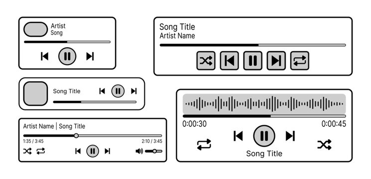 Music player UI elements set featuring audio playback controls, playlist panels, volume sliders, progress bars, waveform displays, album artwork placeholders, and media interface layouts.