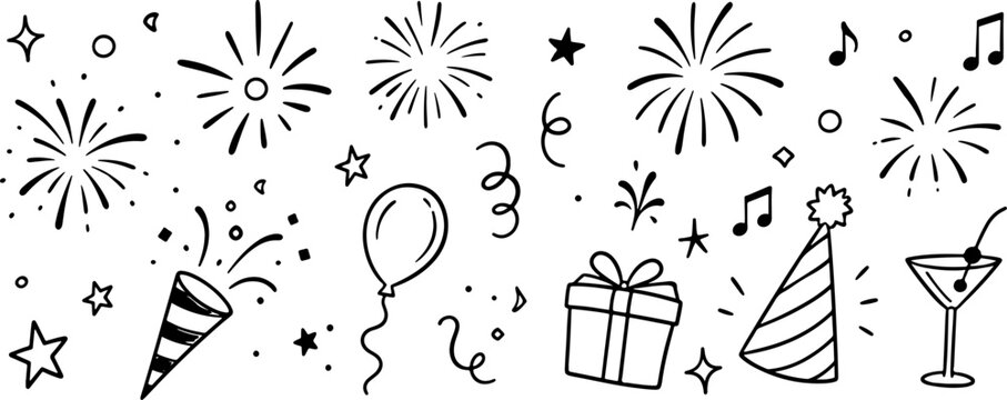 Hand Drawn Party Celebration Doodle Set with Fireworks, Gift Box, Party Hats, Confetti, Stars, Music Notes and Champagne Glass