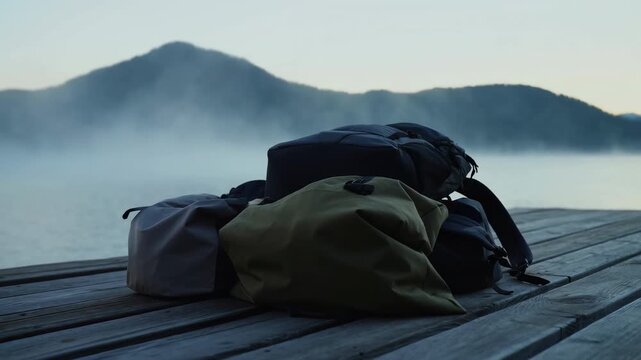 Travel bags and hiking backpack rest on weathered wooden dock beside calm misty lake, framed by dark mountain silhouettes and soft pale morning light across tranquil outdoor landscape