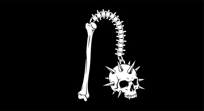 Macabre Medieval Flail Weapon with Spiked Skull and Human Bone
