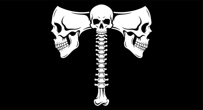 Gothic Double Battle Axe Illustration Made of Human Skulls and Spine
