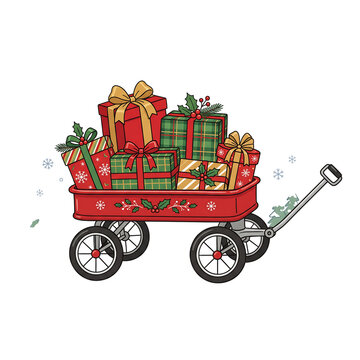 Vintage red toy wagon loaded with colorful Christmas presents and holiday gifts isolated on white