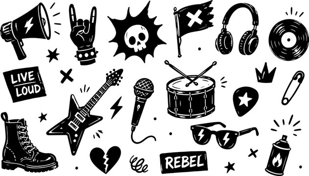 Black and White Rock Music Doodle Set with Electric Guitar, Microphone, Headphones, Vinyl Record, Drum and Punk Symbols