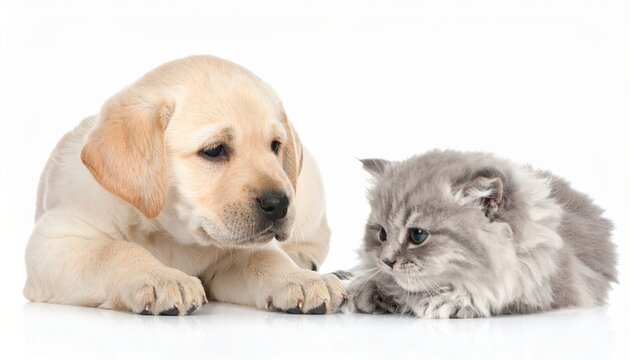 Cute Labrador puppy playing with fluffy kitten on white background