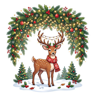 Cute Christmas deer with red scarf under festive pine garland with glowing fairy lights