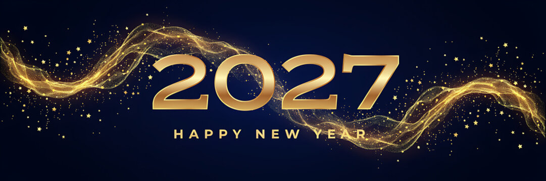 Golden 2027 happy new year text on a dark blue background, with glowing light, waves, sparkling particles, and festive holiday