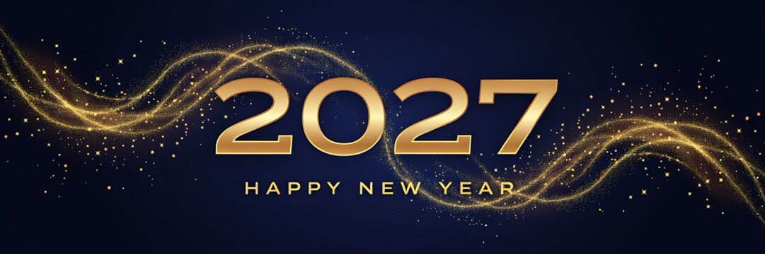 Golden 2027 happy new year text on a dark blue background, with glowing light, waves, sparkling particles, and festive holiday