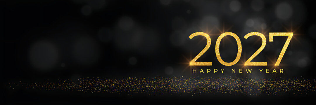 Happy new year 2027 text in glowing gold font with bokeh light effects and golden glitter particles on a dark black background banner