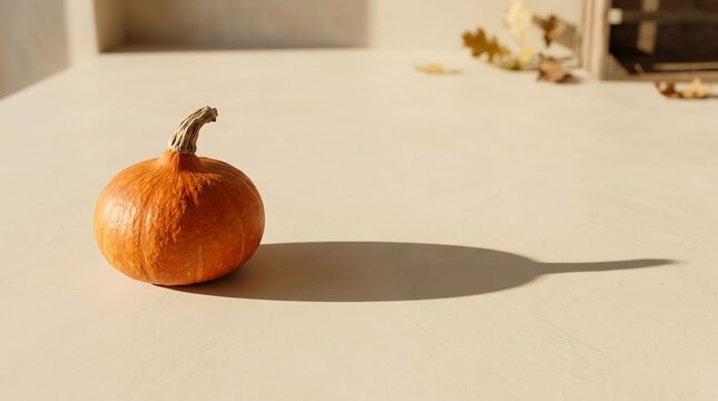 A single small orange pumpkin sitting on a light beige surface with a long dramatic shadow