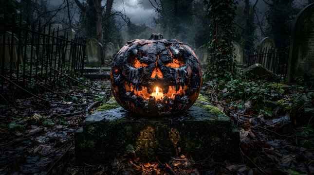 Scary glowing jack o lantern pumpkin with carved face in a dark moody forest at night for halloween