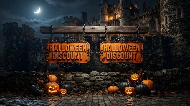 Halloween discount wooden signs hanging in a dark spooky forest with glowing pumpkins at night