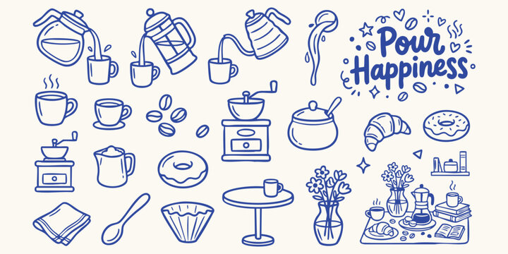 Hand drawn doodle elements for coffee time and baking representing cozy morning rituals with simple lines