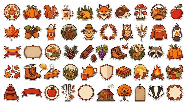 Collection of hand drawn autumn themed stickers featuring cute forest animals fall foliage and seasonal harvest elements