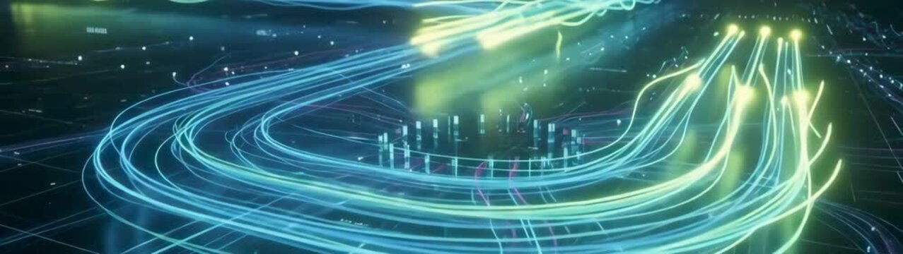 Big data and digital infrastructure concept glowing blue light waves flowing through a virtual network grid high speed information transfer and fiber optic communication technology.