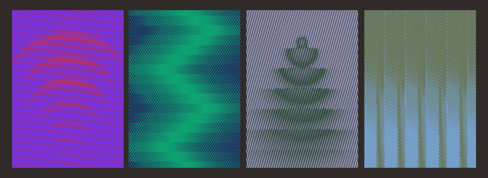 Abstract hatch line texture set. Vector diagonal gradient and tree silhouette patterns with crosshatch texture in purple, teal, green and blue for modern graphic design.