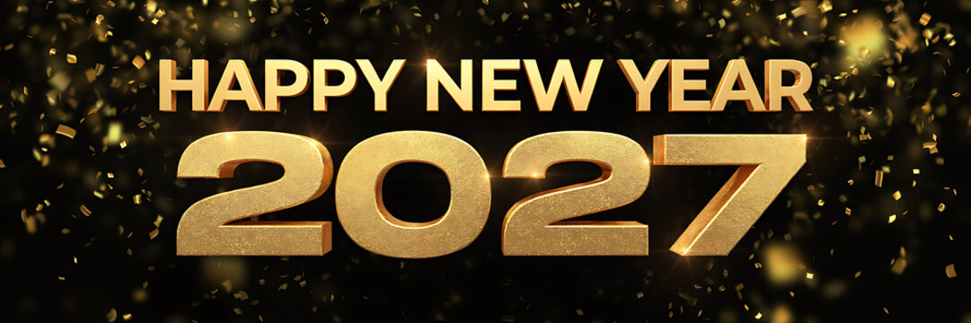 Happy new year 2027 greeting with large metallic gold numbers and falling confetti particles on a dark black background, for celebration
