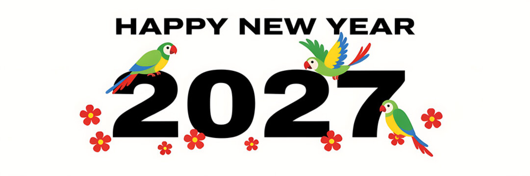 Festive happy new year 2027 with colorful parrots and red flowers on a white background, for holiday cards