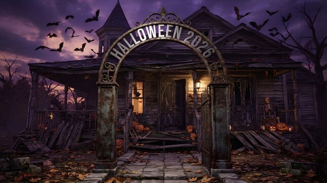 Spooky haunted house entrance with halloween 2026 sign at night under purple sky with flying bats