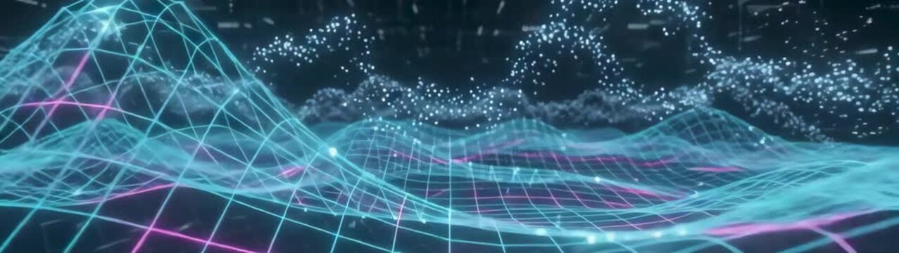 Big data and digital transformation concept abstract glowing blue wireframe landscape with floating particles and network connectivity flow.
