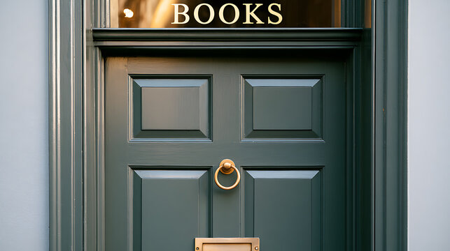 Charming dark green wooden entrance door to an independent bookstore with a brass knocker and glass transom window featuring gold letters