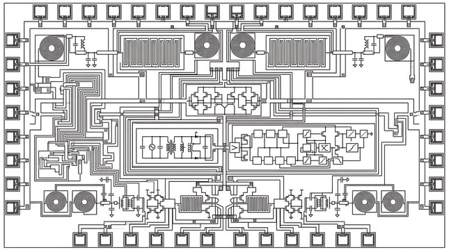 Detailed Electronic Circuit Board PCB Layout, Technical Schematic Drawing, Microchip and Component Wiring Diagram