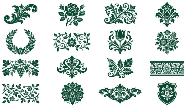 Dark green floral elements and vintage ornaments for decorative invitation card designs.