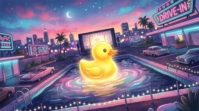 Pato de goma amarillo gigante flotando en una piscina urbana